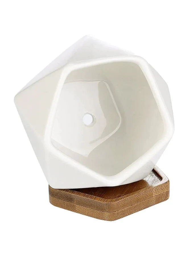 وعاء نباتات عصارية أبيض مع صينية من الخيزران وفتحة تصريف للمكتب والحديقة المنزلية (النبات غير متضمن)