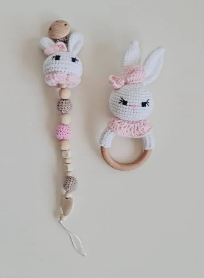 100% Cotton Handmade Crochet Baby Rattle and Pacifier Gift Set