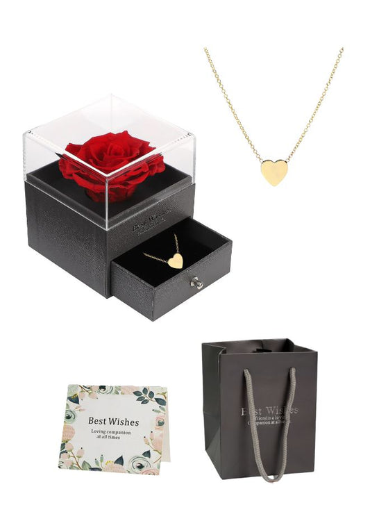 Rose Gifts for Her, Jewelry Box with Heart Shape Gold Necklace for Valentines Day with Greeting Card and Bag