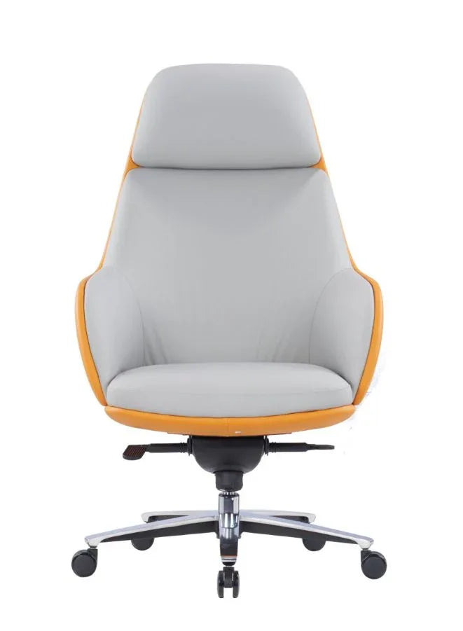 Modern Ergonomic Office Chair with Orange Back and Grey Seat and Fixed Armrest | High Quality PU Leather Office Chair with Headrest, Backrest, and Aluminum Base