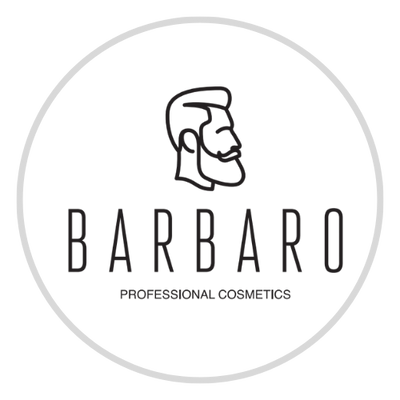 Logo of Barbaro Professional Cosmetics with a stylized illustration of a bearded man's head.