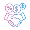 Icon of a handshake with symbols for percentage, dollar sign, and blue circle on a white background