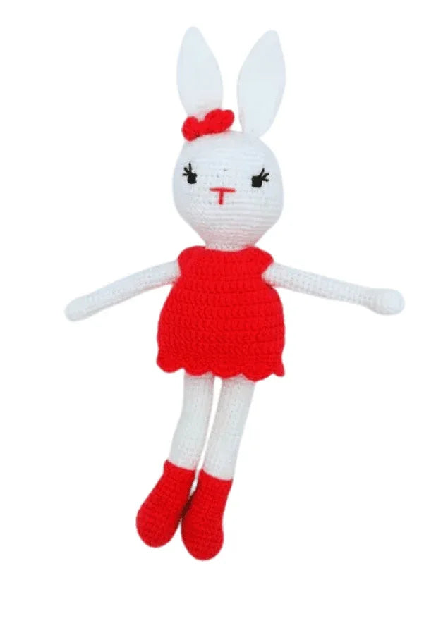 Handmade Natural Wooden and Cotton Crochet Doll with Rattle and Pacifier Chain for Toddlers, Red Bunny, 25cm