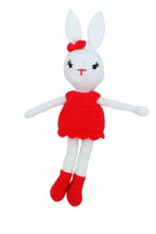 Handmade Natural Wooden and Cotton Crochet Doll with Rattle and Pacifier Chain for Toddlers, Red Bunny, 25cm