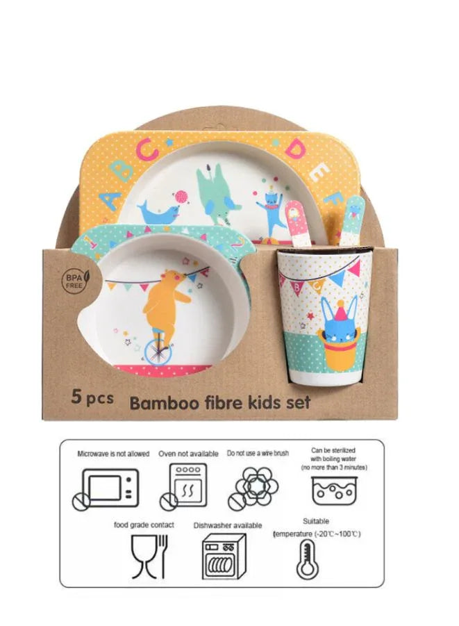 Eco-Friendly Bamboo Fiber 5pcs Dinnerware Set - Creative Cartoon Cutlery Set for Kids - Perfect Baby Feeding Solution,Circus