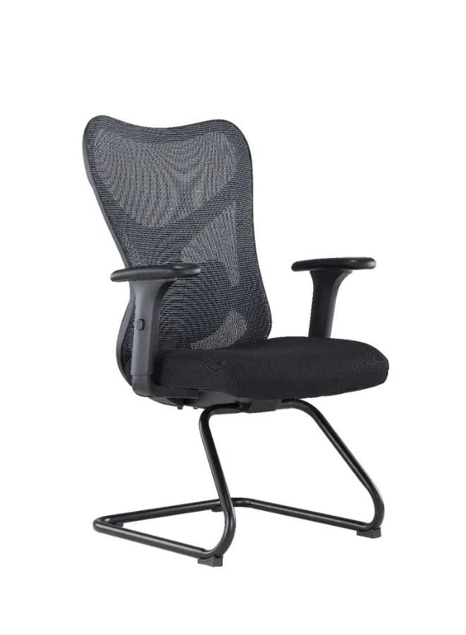 Black office chair with mesh backrest on a white background