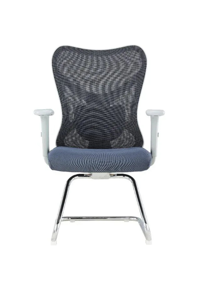 Modern office chair with mesh backrest and blue seat on a white background