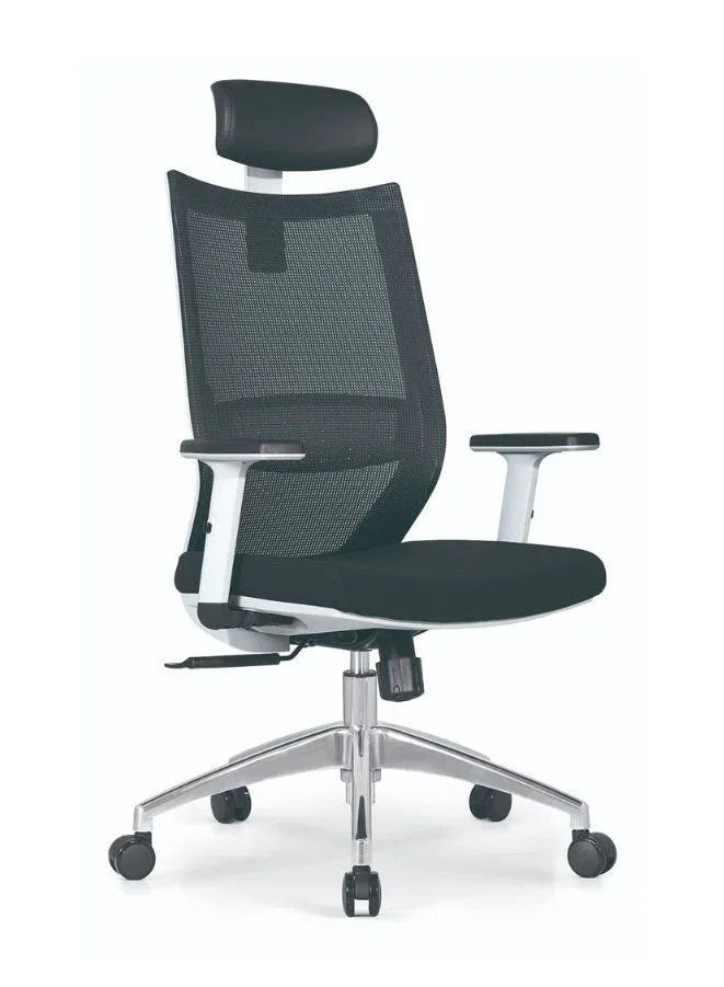 Black office chair with headrest on a white background