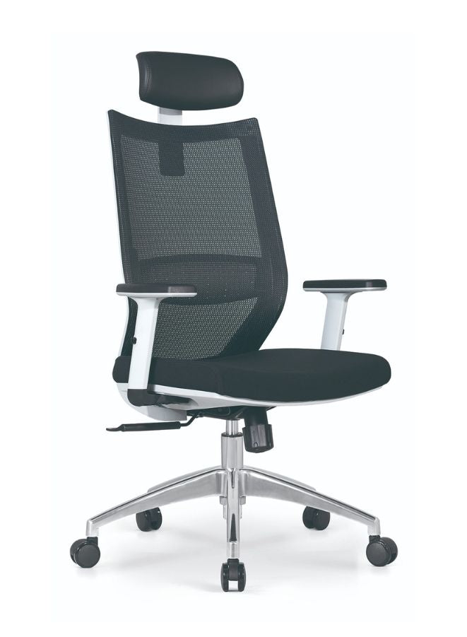 Black office chair with headrest on a white background