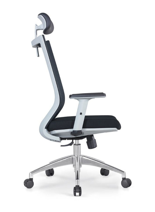 Black office chair with adjustable headrest on a white background
