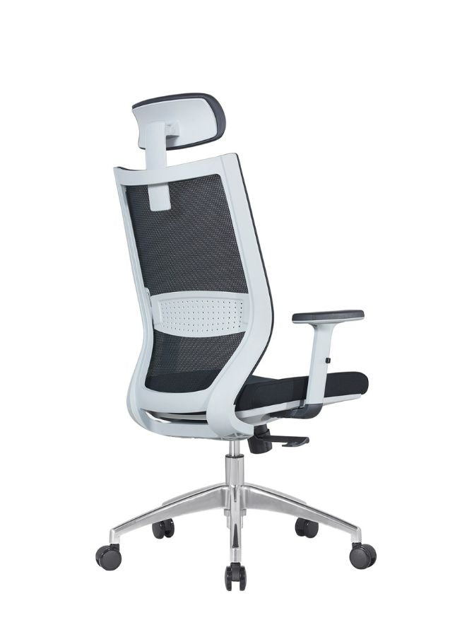 Ergonomic office chair with mesh backrest and adjustable armrests on a white background