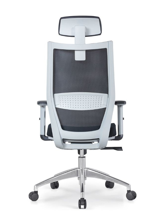 Modern office chair with mesh back and white frame on a white background