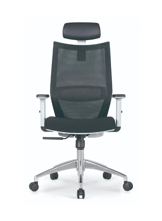 Black office chair with mesh back and chrome base on a white background