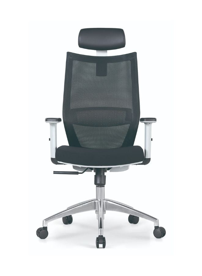 Black office chair with mesh back and chrome base on a white background