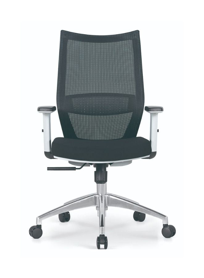 Black office chair with mesh backrest on a white background