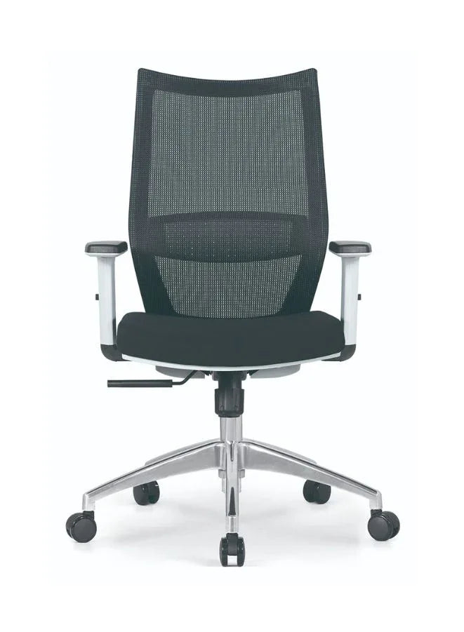 Black office chair with mesh backrest on a white background