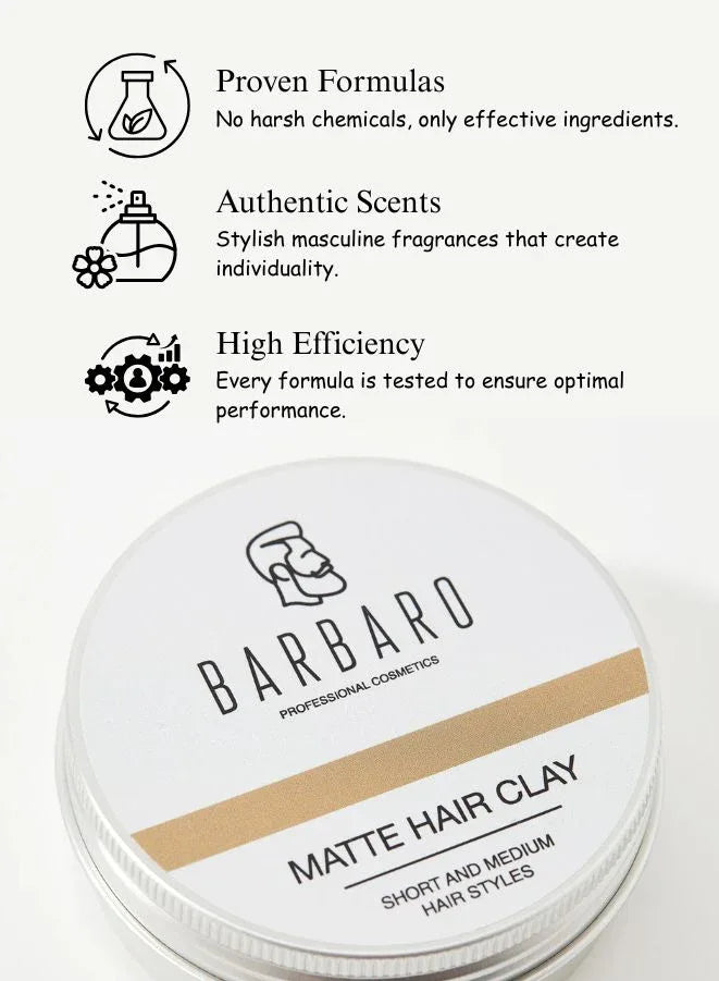Barbaro Matte Hair Clay with product features listed above it.