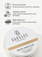 Barbaro Matte Hair Clay with product features listed above it.