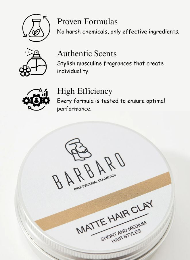 Barbaro Matte Hair Clay with product features listed above it.