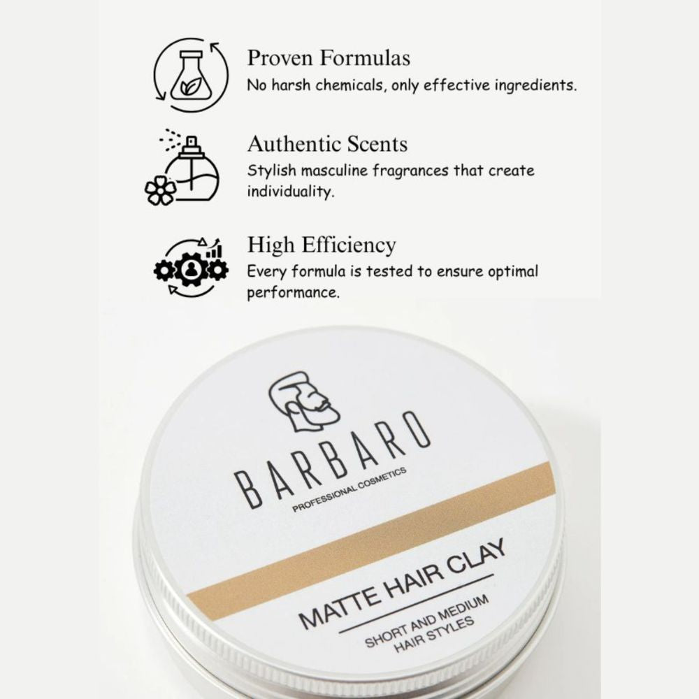 Barbaro Matte Hair Clay container with product features on a white background