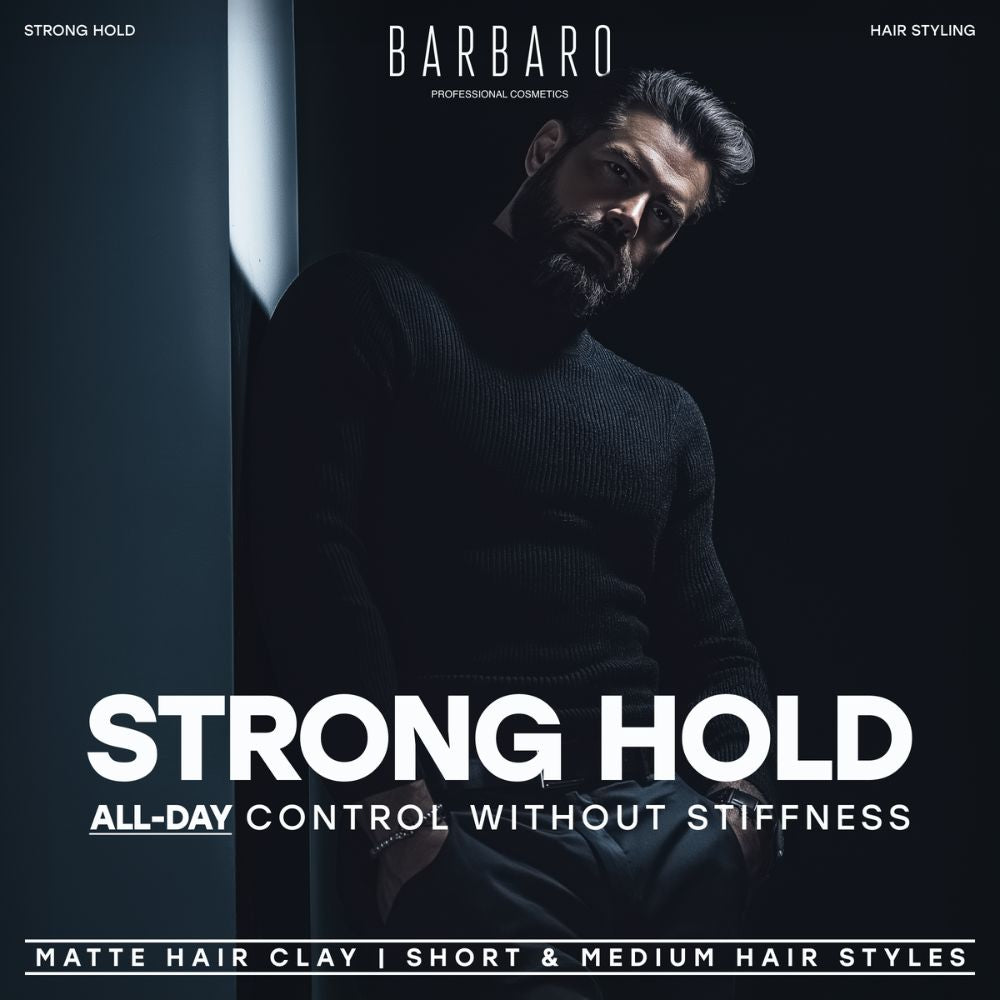 Man leaning against a wall with text about Barbaro hair styling product on a dark background