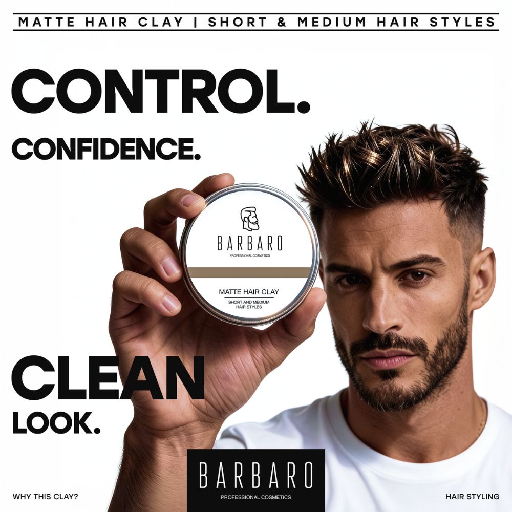 Man holding a container of Barbaro Matte Hair Clay with text about hair styling products.