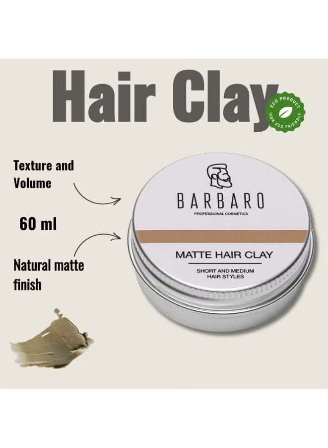 Barbaro Matte Hair Clay container with product details on a beige background