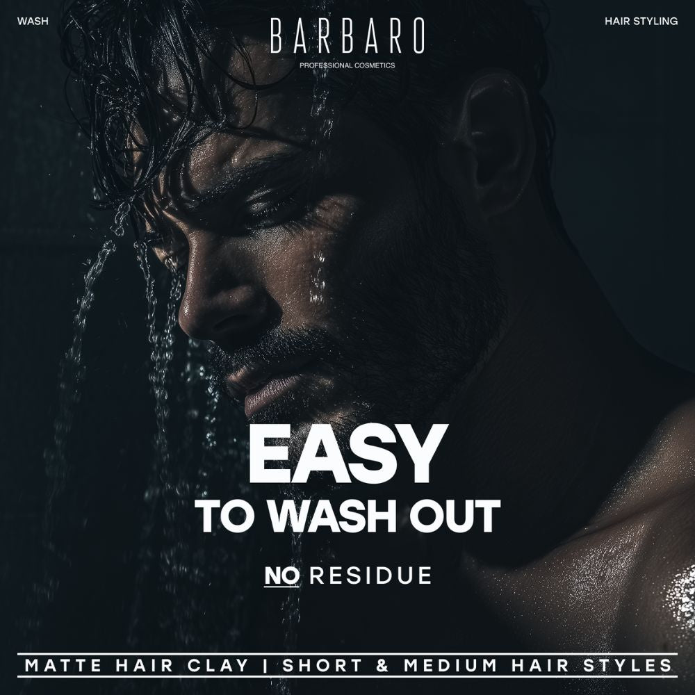 Barbaro hair styling product advertisement with a man's face and water droplets.