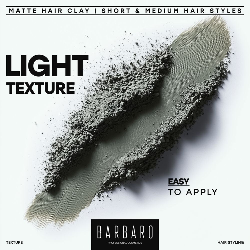 Barbaro Matte Hair Clay product with text on light texture and application ease on a white background