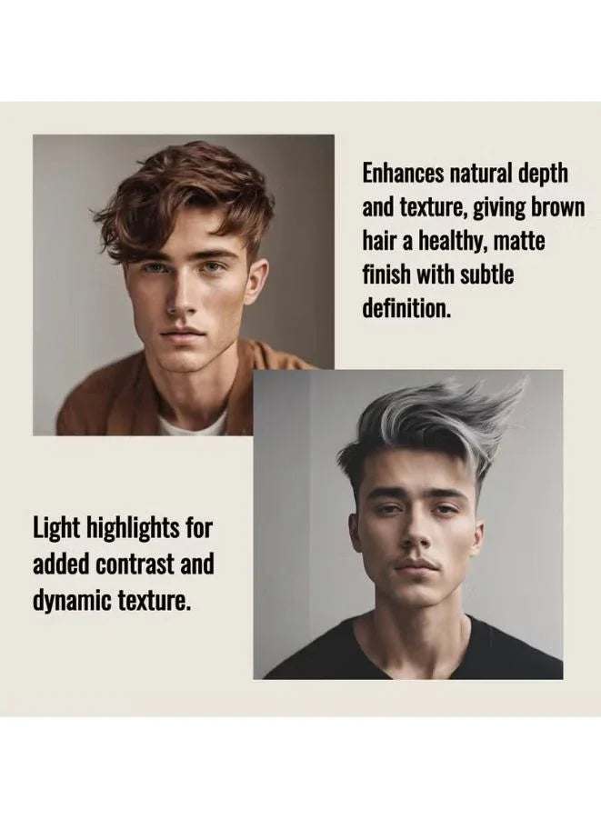 Two men with styled hair, one with brown hair and the other with gray hair, on a beige background with text about hair styling.