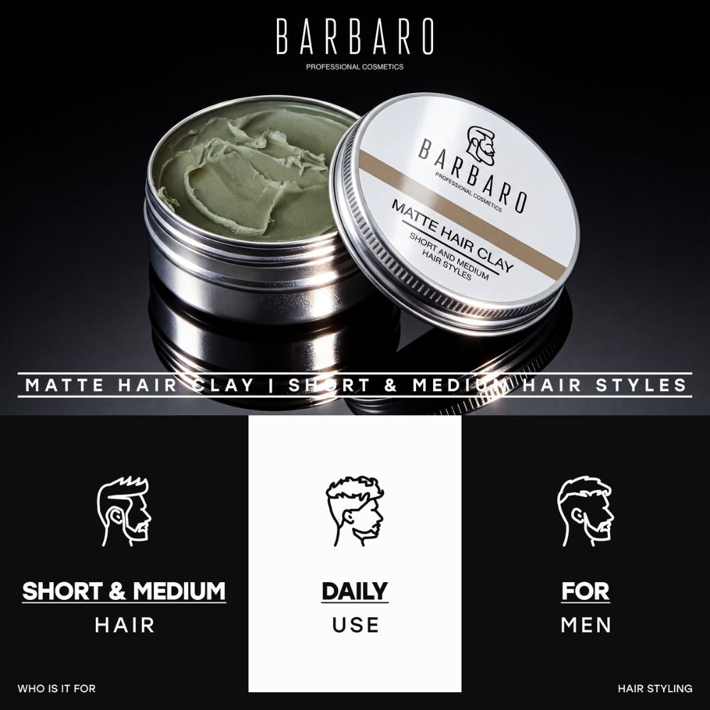 Barbaro Matte Hair Clay with open lid on a black background