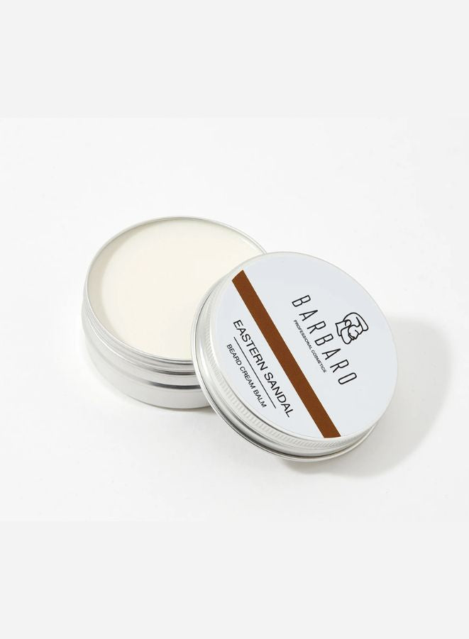 Barbaro Eastern Sandal beard cream balm in a white container with a brown label on a white background