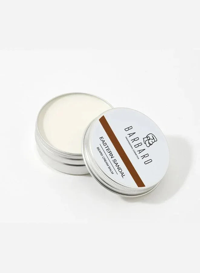 Barbaro Eastern Sandal beard cream balm in a white container with a brown label on a white background