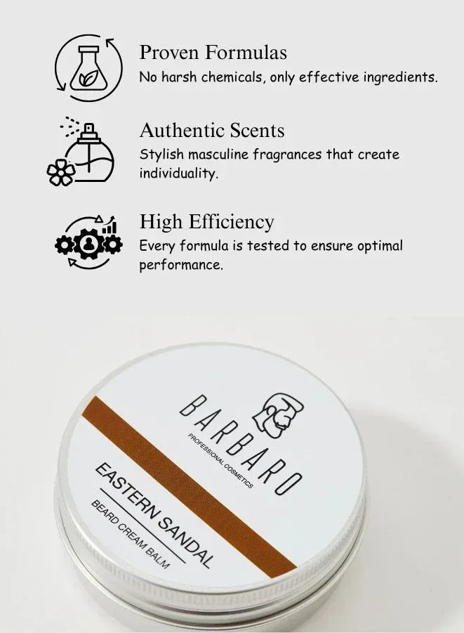Beard cream balm with Barbaro branding on a white background, featuring product features text.