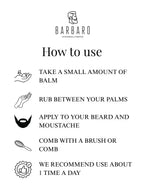 Instructions for using a beard balm with icons and text on a white background