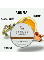 Barbaro Eastern Sandal beard cream balm with sandalwood, juniper, and orange elements on a white background