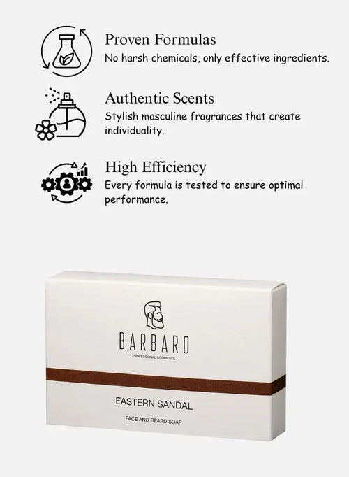 Barbero soap packaging with product features on a white background