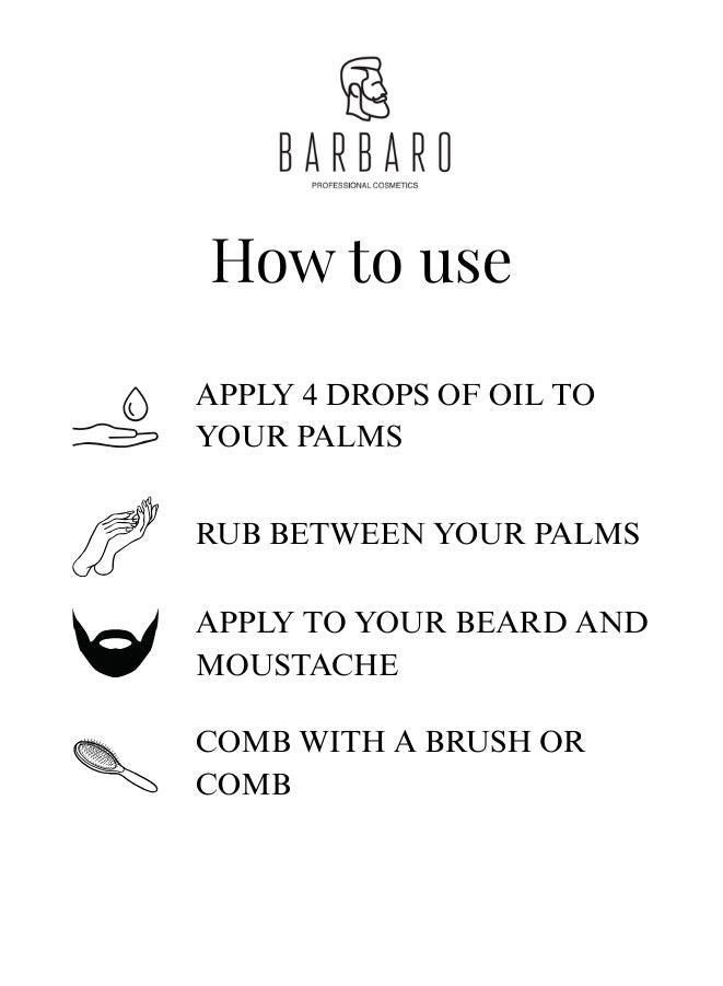 Instructions for using Barbaro beard oil product with icons and text on a white background.