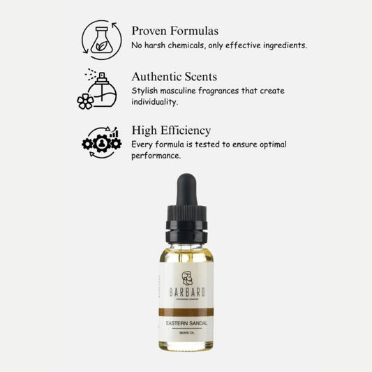 Bottle of Barbaro beard oil with product features listed on a white background