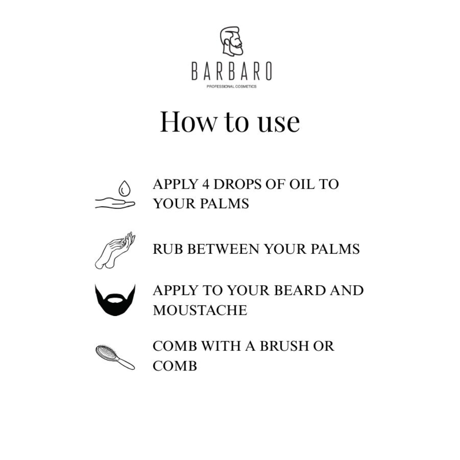 Instructions for using a beard oil product by BARBARO on a white background