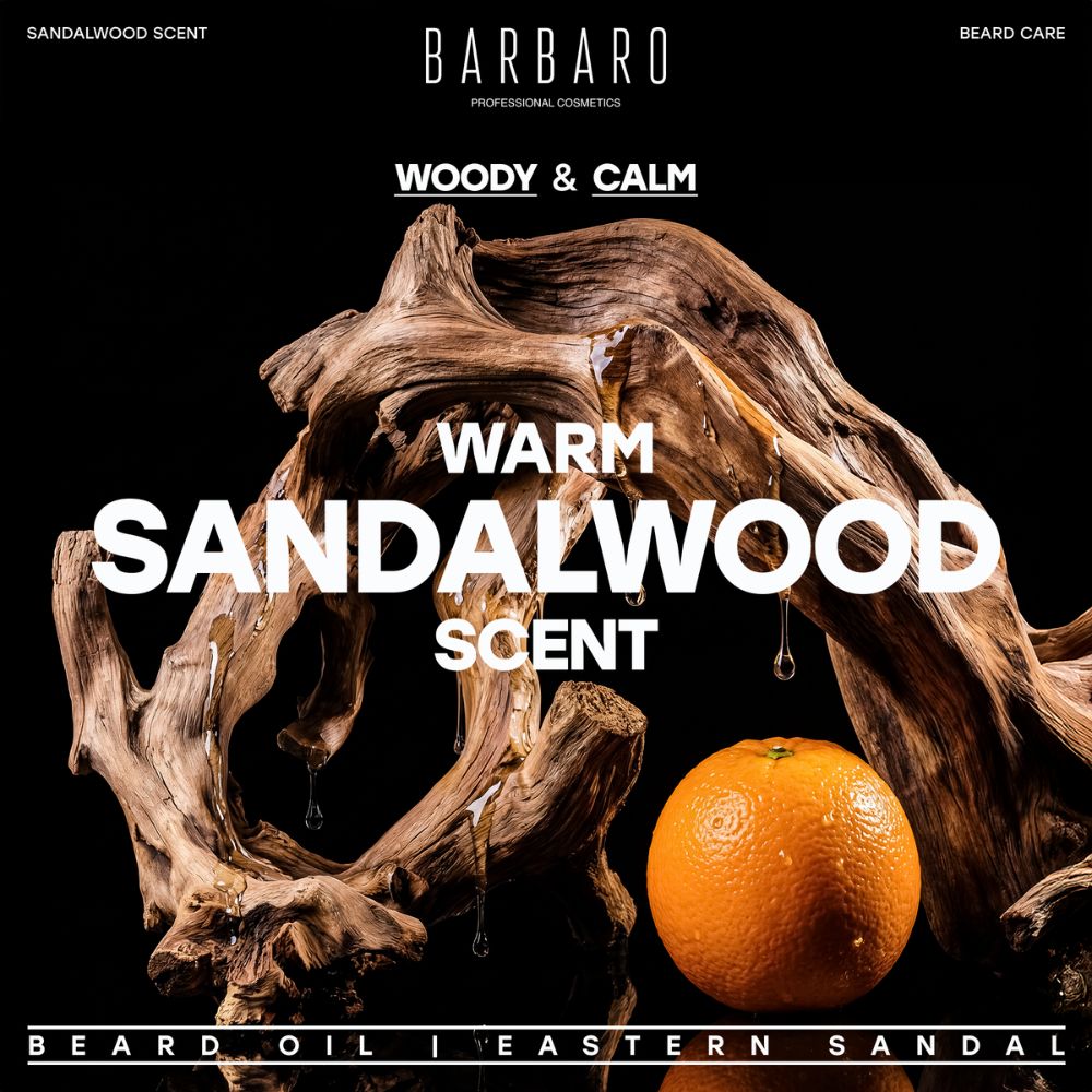 Barbaro beard care product with sandalwood and orange elements on a black background.