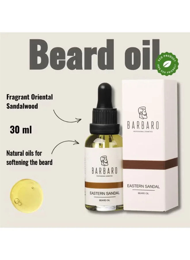 Barbaro Eastern Sandalwood beard oil with packaging on a light beige background