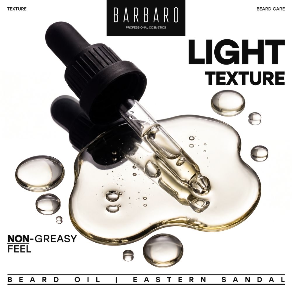 Beard oil dropper with oil texture and Barbaro branding on a white background
