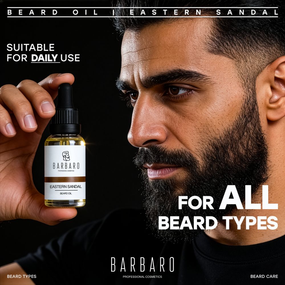 Man holding a bottle of Barbaro beard oil with text about daily use and suitability for all beard types.