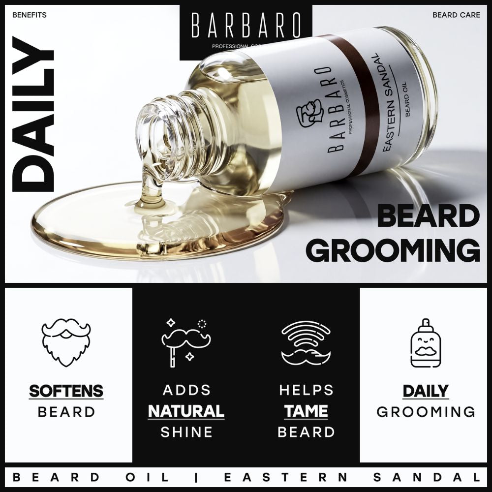 Barbaro beard oil bottle with pouring action on a white background, featuring product benefits.