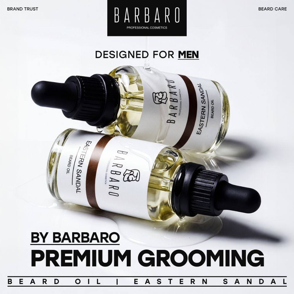 Two bottles of Barbaro Eastern Sandal beard oil on a white background with branding and product details.