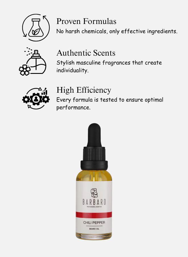 Bottle of Barbaro Chili Pepper beard oil with product features listed on a white background
