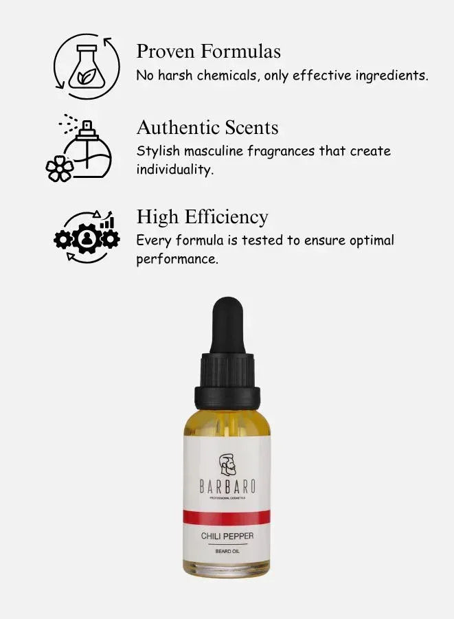 Bottle of Barbaro Chili Pepper beard oil with product features listed on a white background