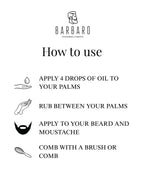 Instructions for using Barbaro  beard oil product with icons and text on a white background.