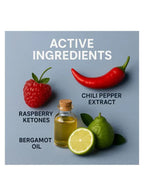 Active ingredients including raspberry ketones, chili pepper extract, bergamot oil, and a bottle of oil on a gray background.